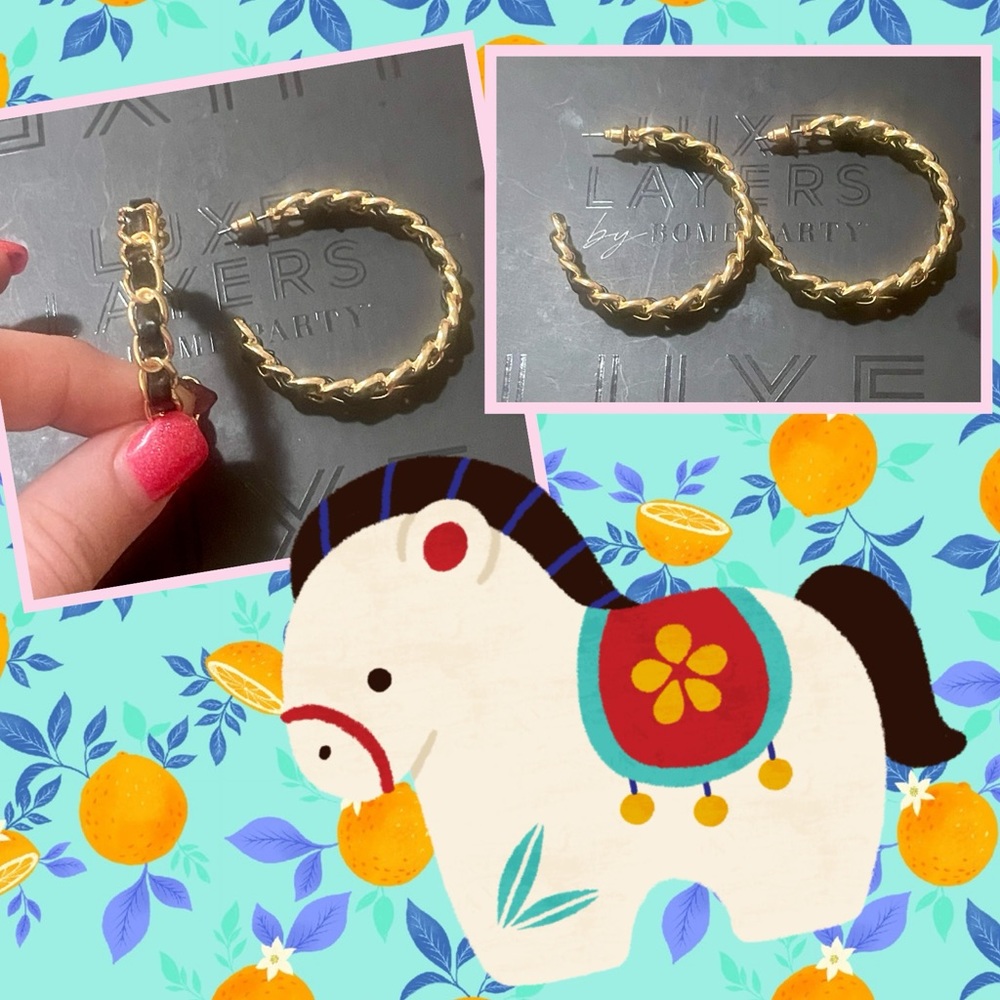 Gold tone hoops with faux leather intertwined